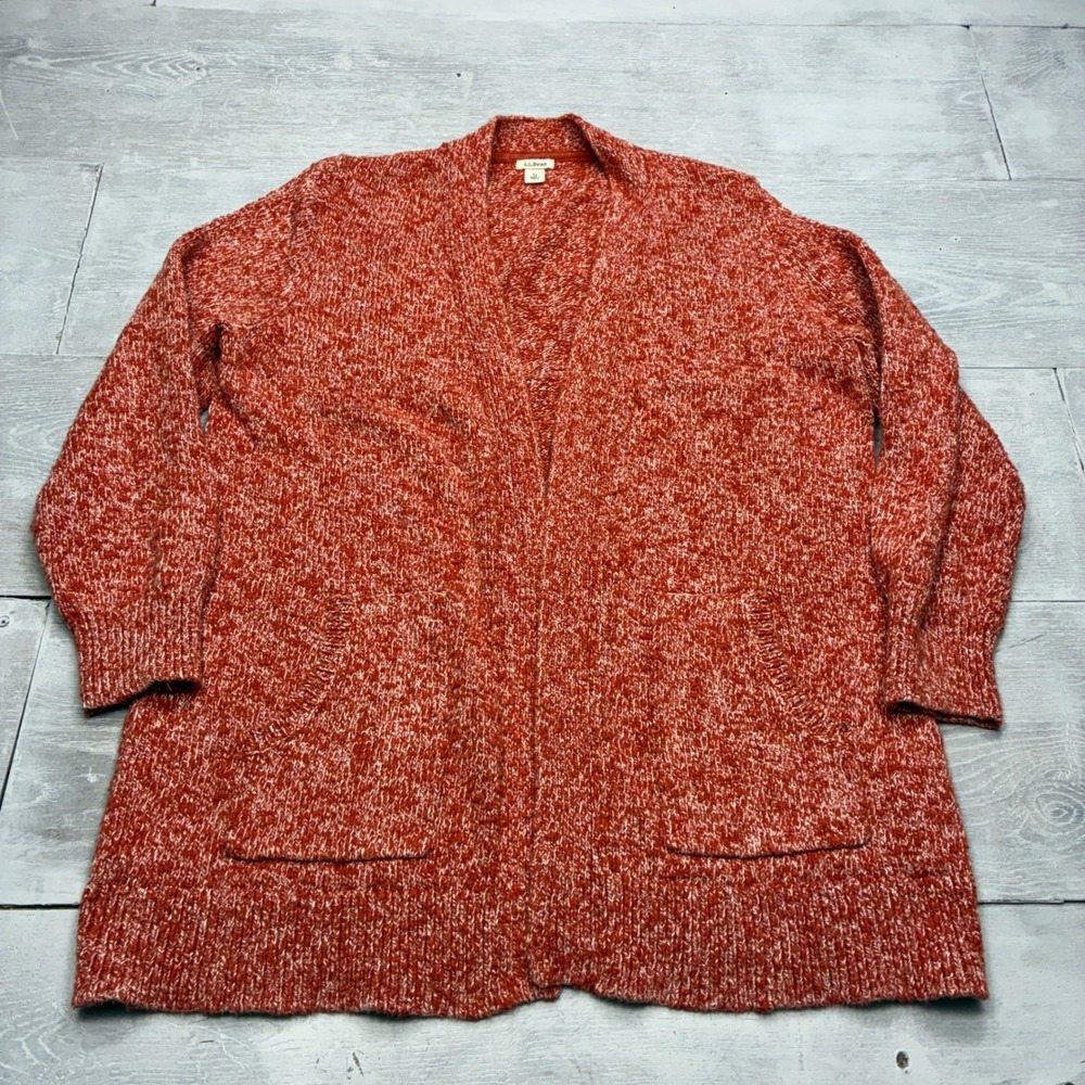 LL Bean Cardigan Sweater Womens XL Orange White Marl Cotton Open Front Pockets